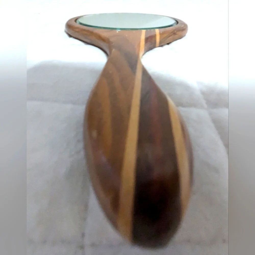 Antique Beveled Wooden Inlayed Hand Held Mirror Art Deco Handmade